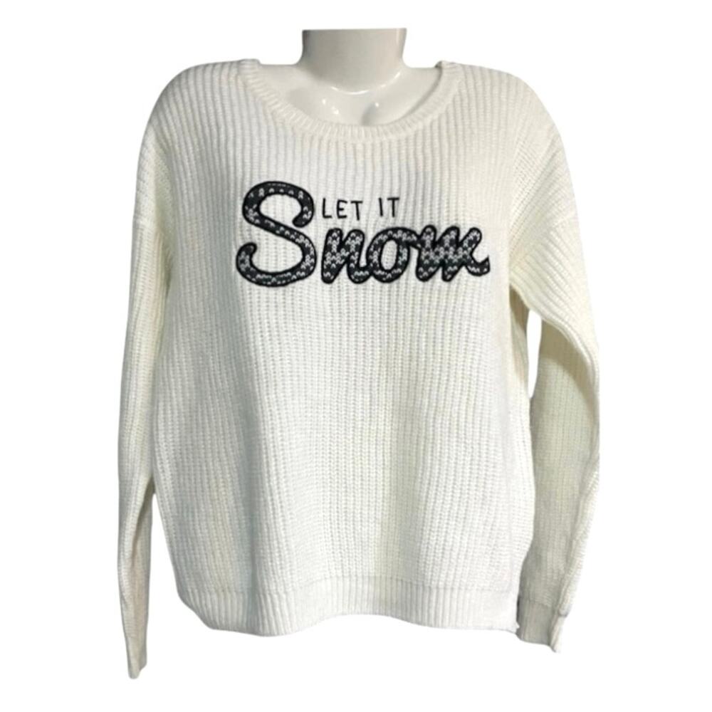 FB Sister Women's White "Let it Snow" Winter Knit Long Sleeve Sweater | SZ L
